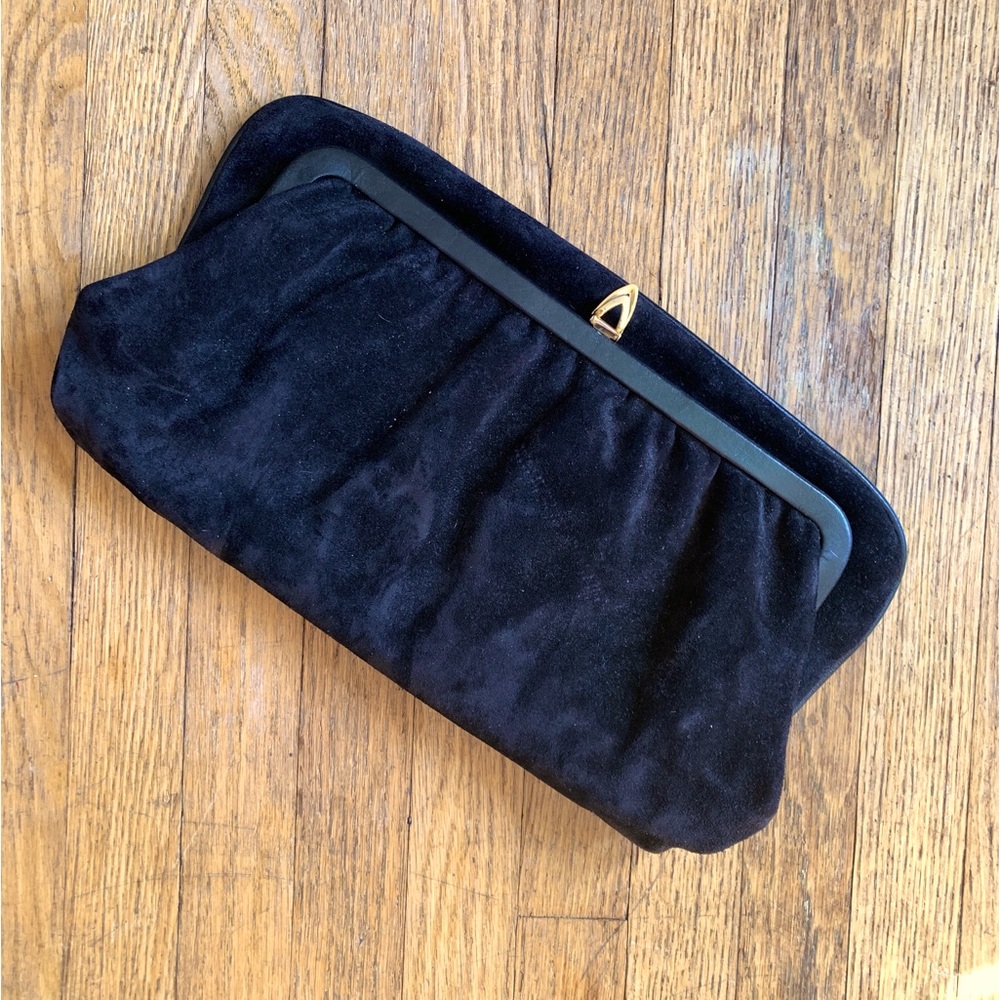 Stunning 1960’s very rich thick Black Suede Fold Out Clutch,Gold Velvet Inner🖤